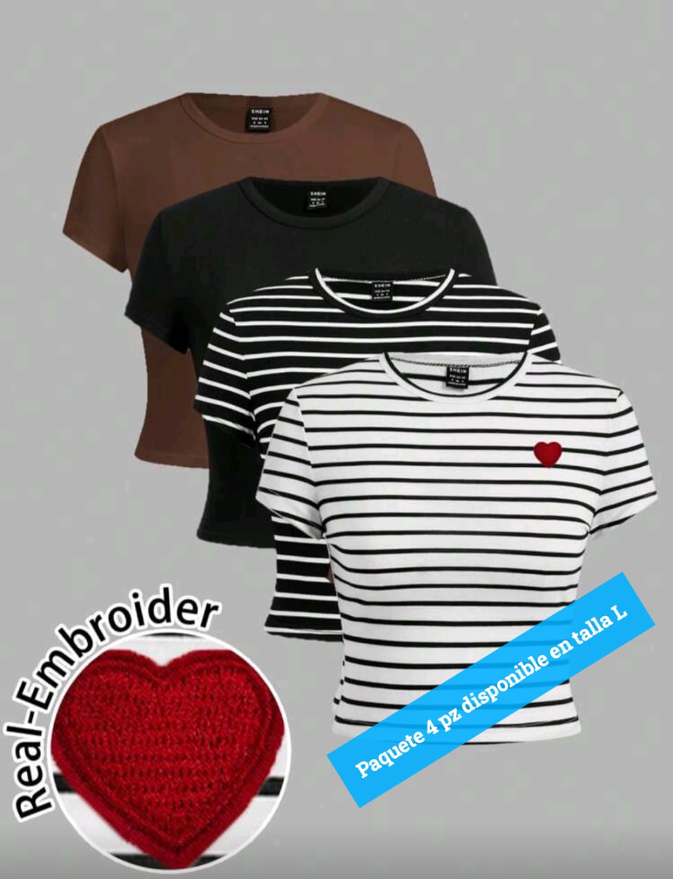 Talla: L  Incluye 4 playeras:  Café lisa  Negra lisa  Rayas blanco con negro  Rayas blanco con negro